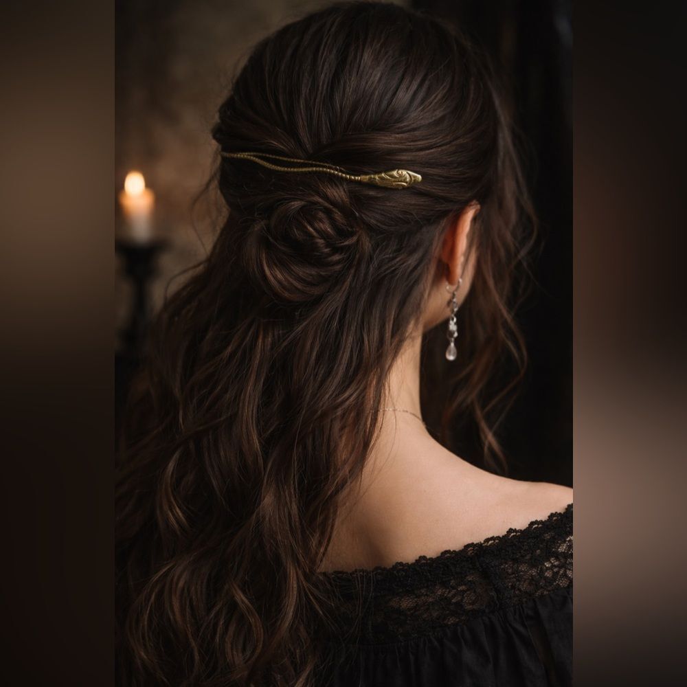 Vintage Brass Snake Hair Pin Art Nouveau Bendable Gothic Boho Hair Stick Bangle